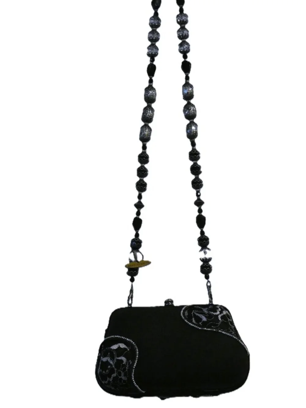 NWOT MARY FRANCES Silver & Black Shoulder Strap Beaded Purse/DustCover